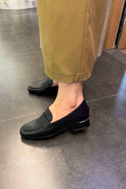 Isabeau | Mocassins Noirs Grainés à Talon Bloc
