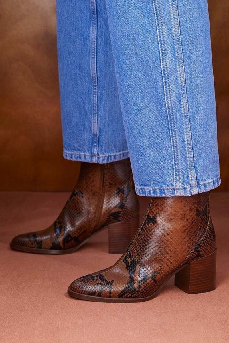 Florence | Bottines Marron Effet Serpent à Talon Carré