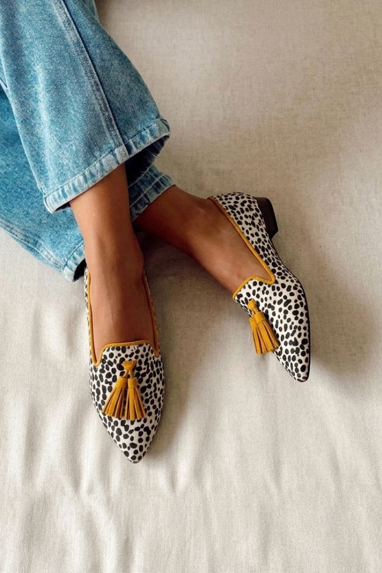 Adeline | Mocassins Pointus à Pois et Pampille Jaune