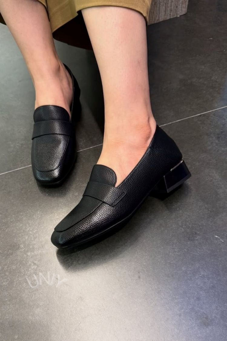 Isabeau | Mocassins Noirs Grainés à Talon Bloc