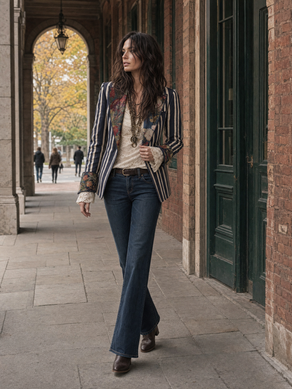 Oriane | Blazer Rayé Coton et Lin à Imprimé Fleuri