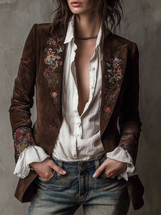 Domitia | Blazer en Suédine Marron Brodé