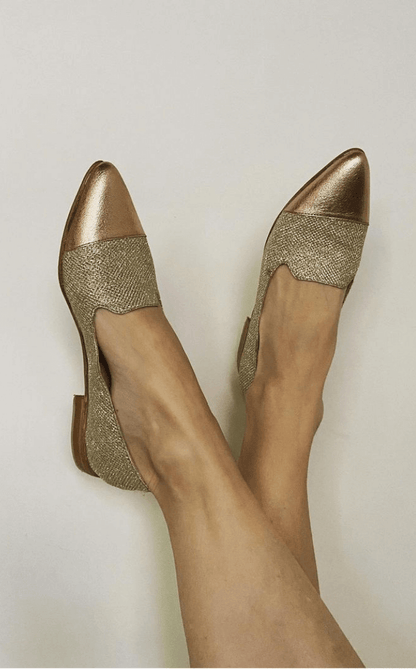 Mocassins pointus festonnés pailletés métallisés Or