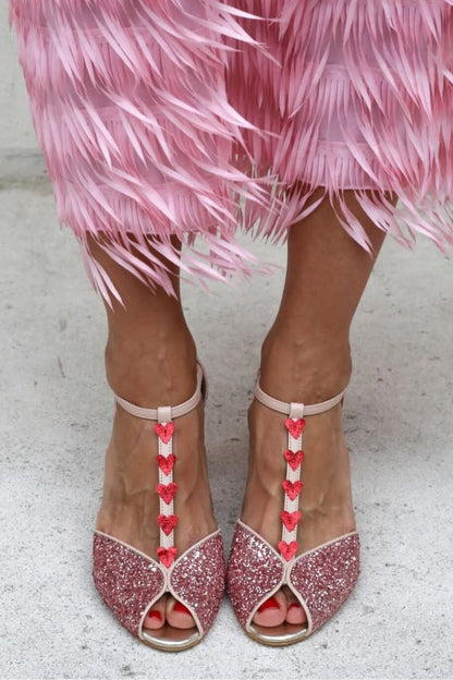 Sandales pailletées Rose et Rouge avec bride en T, cœur et talon bloc