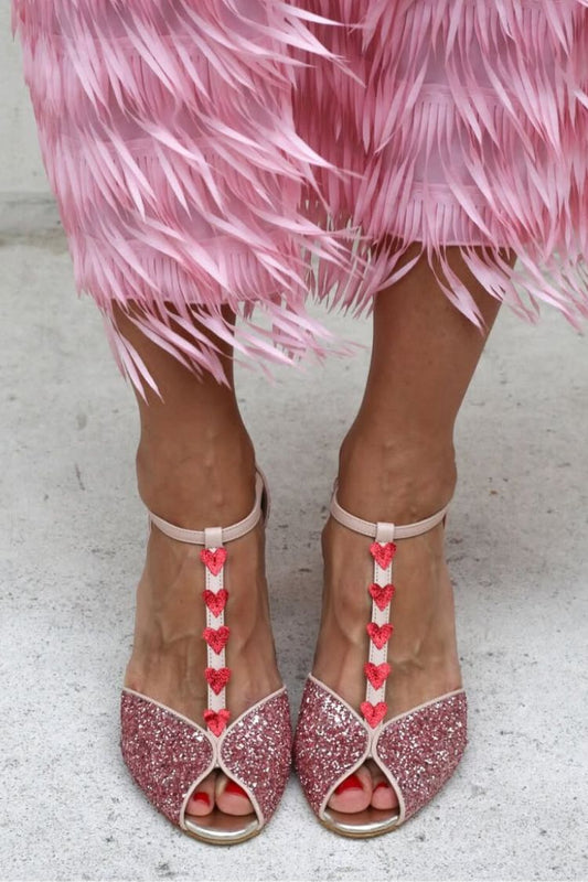 Sandales pailletées Rose et Rouge avec bride en T, cœur et talon bloc