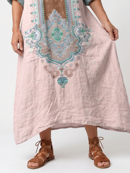 Gemma | Robe Midi Ample à Empiècements Brodés et Poches