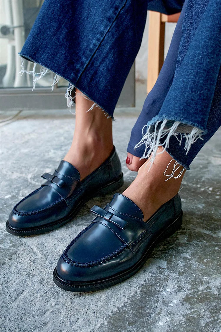 Mocassins patchwork Bleu Marine unis à bout rond avec nœud