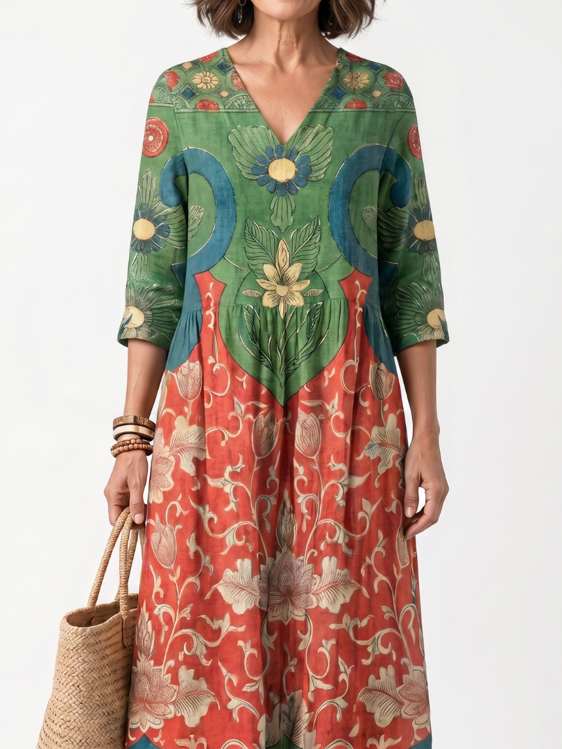 Fernanda | Robe Midi Imprimés Mixtes à Col en V