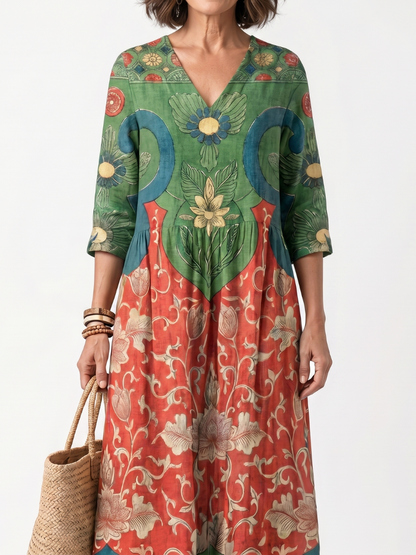 Fernanda | Robe Midi Imprimés Mixtes à Col en V