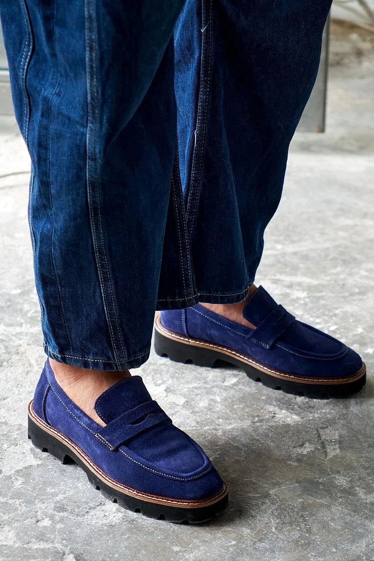 Nathalie | Mocassins Bout Rond Patchwork Bleu Marine