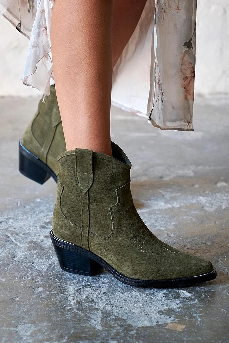 Hélène | Bottes Western Vertes Pointues à Surpiqûres