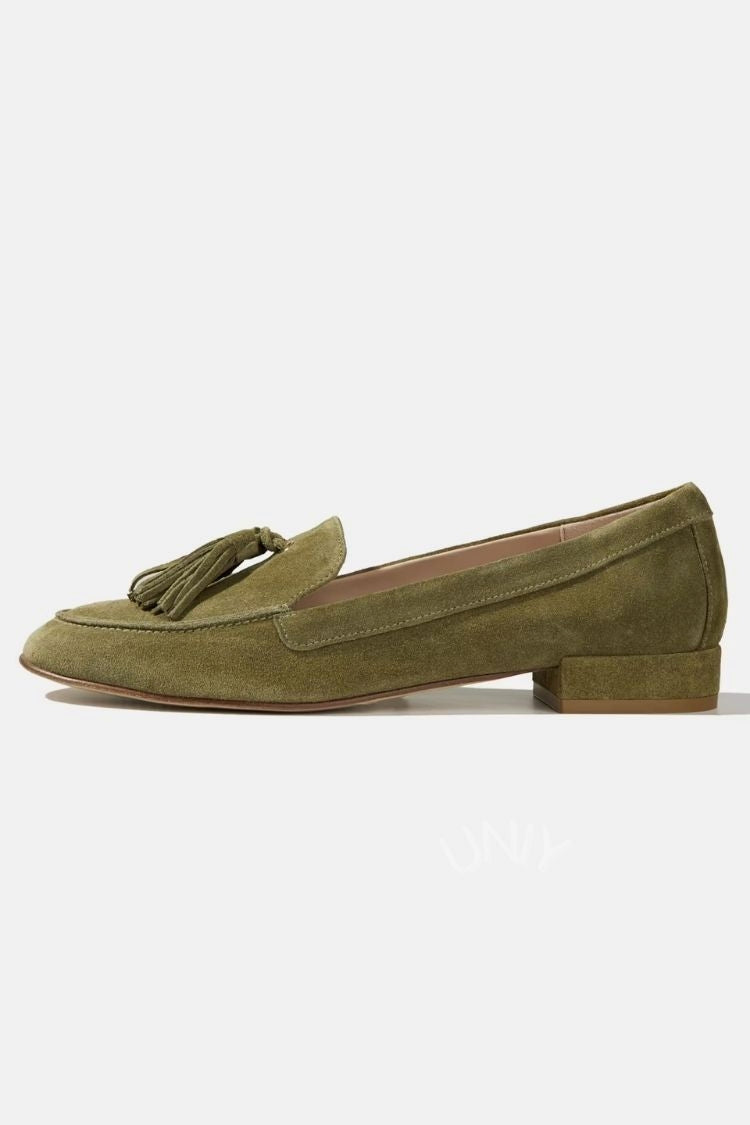 Catherine | Mocassins en Suédine Vert Olive à Pampilles