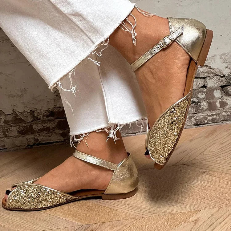Sandales peep toe pailletées patchwork Or avec bride cheville et boucle
