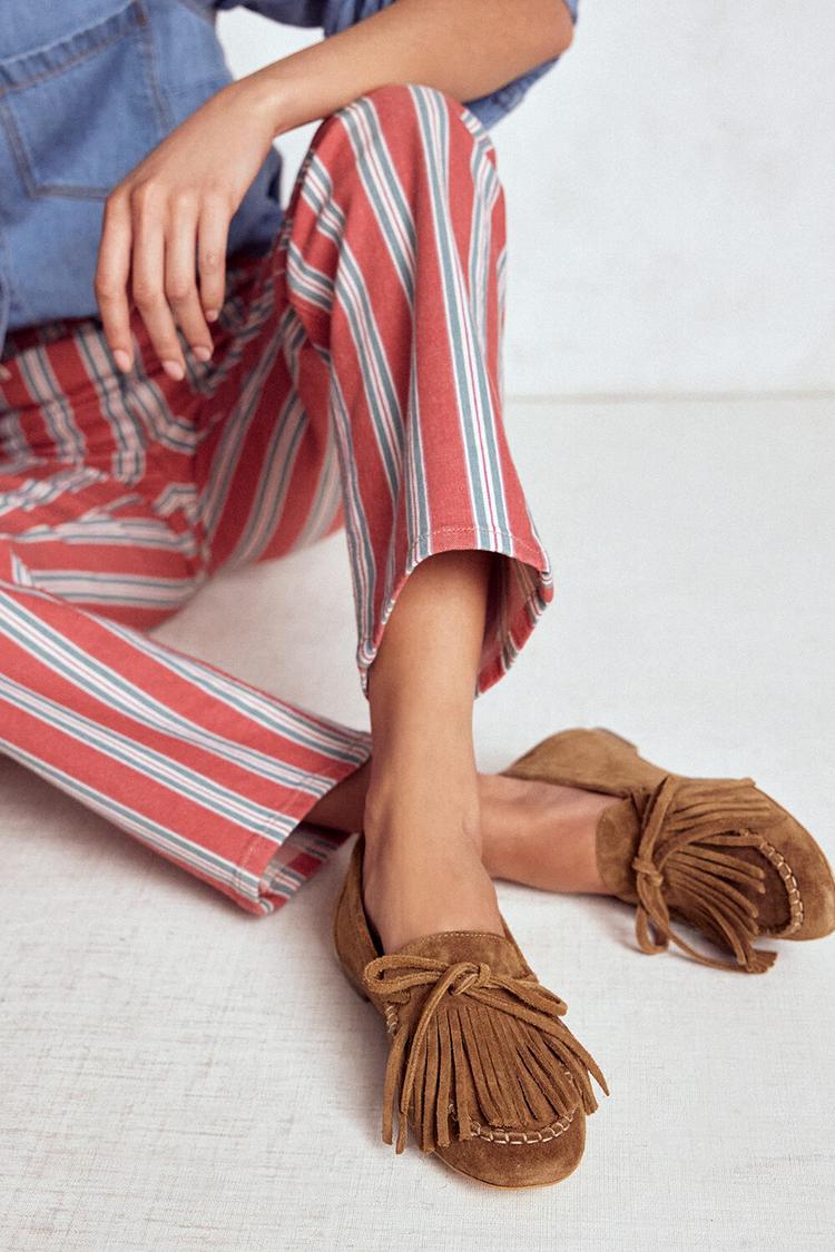 Mocassins Camel unis à bout rond et franges