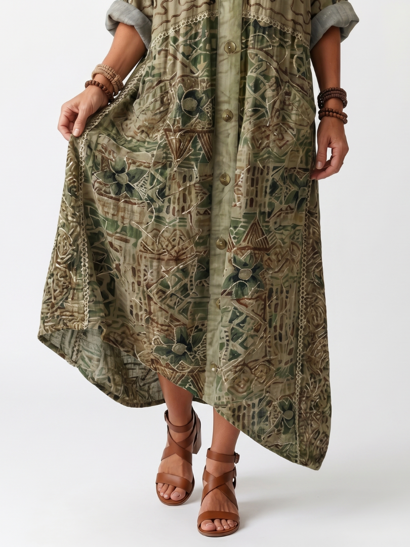 Caterina | Robe Midi Oversize Brodée à Boutons et Poches