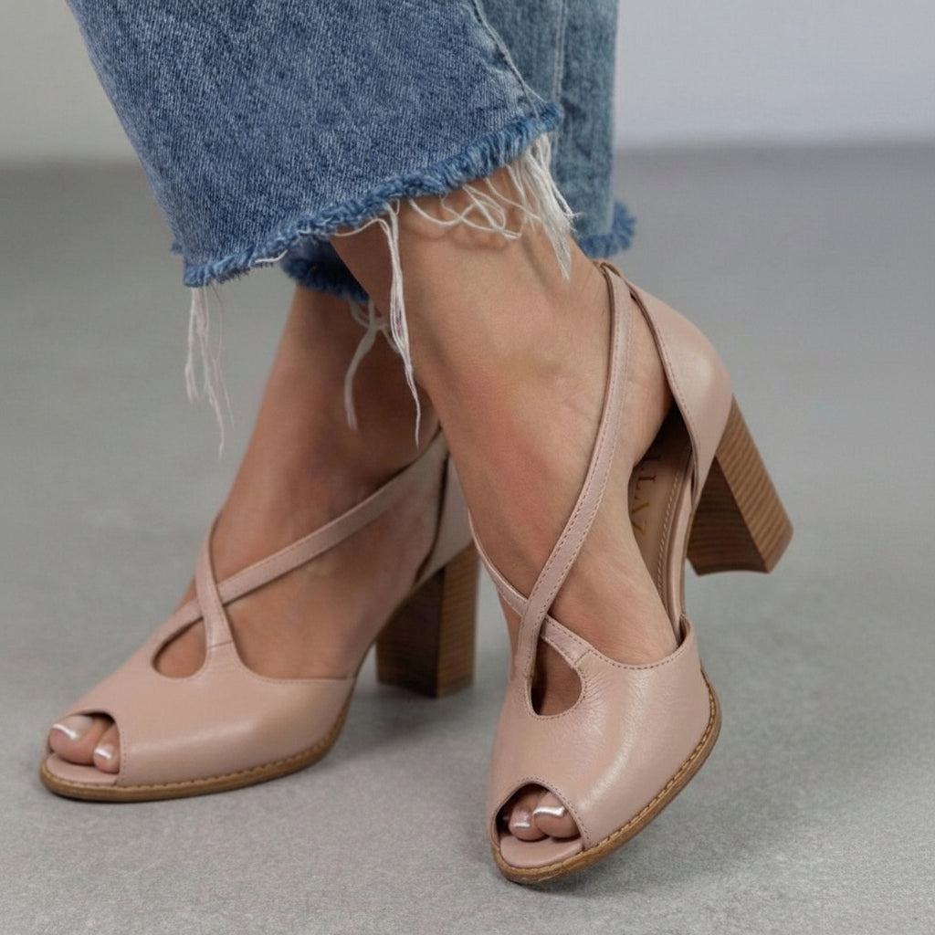 Sandales élégantes Rose Poudré et Rose à bout ouvert avec brides croisées et talon bloc