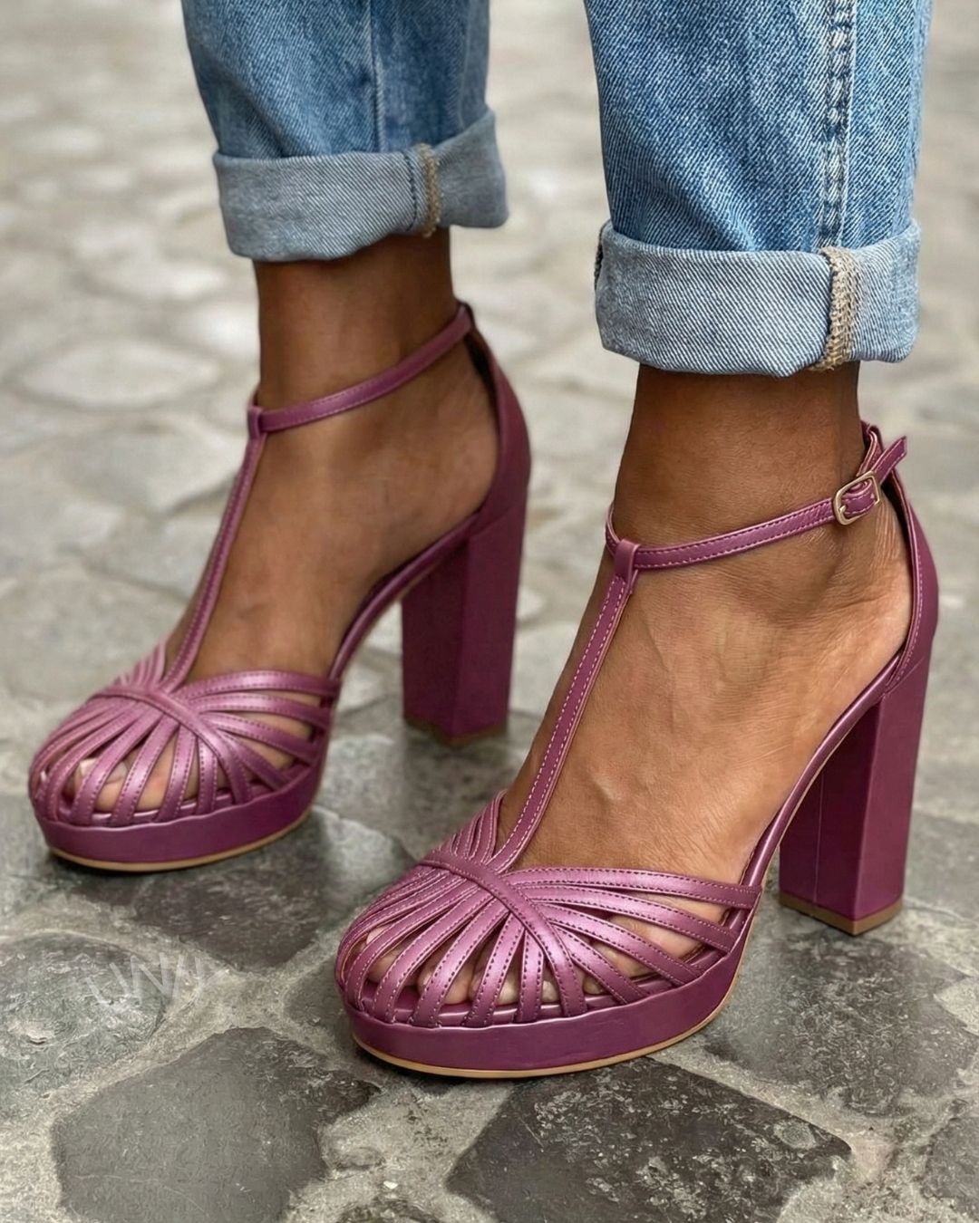 Sandales Violet à bout rond avec bride en T, plateforme et large talon bloc