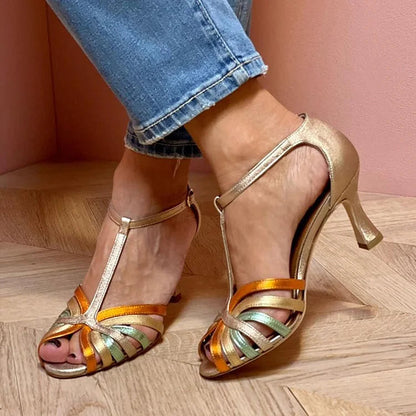 Talons aiguilles à découpes Multicolore et Or avec boucle et bride en T