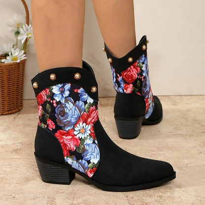 Hortense | Bottes Western Cloutées à Patchwork Fleuri