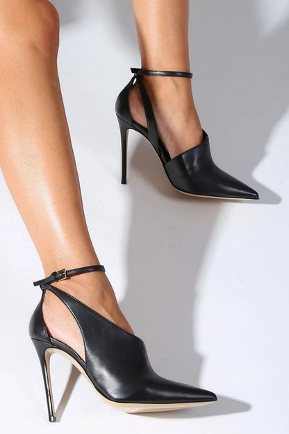 Talons aiguilles pointus à découpes Noir avec bride cheville et boucle