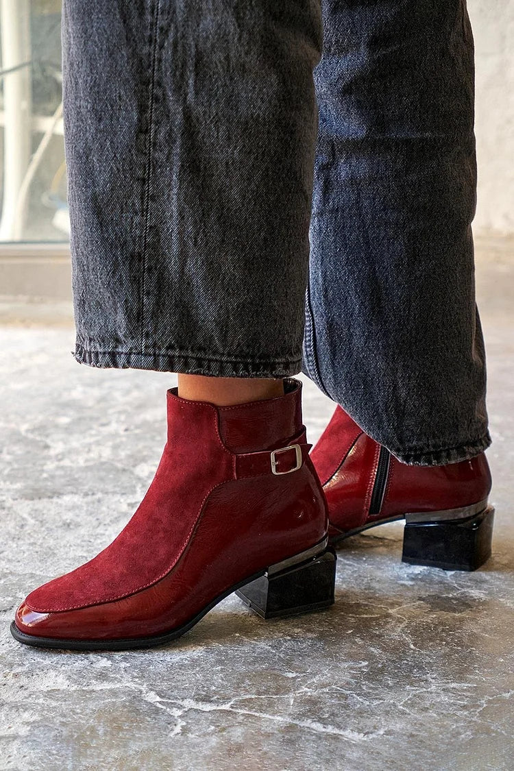 Viviane | Bottes Bordeaux à Empiècements Bout Rond Talon Épais et Zip