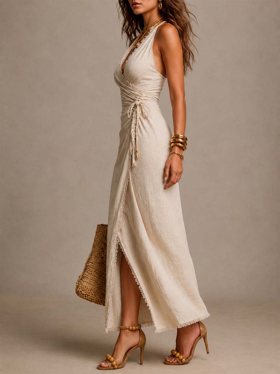 BIANCA | Robe midi en lin naturel à encolure croisée devant, volant et bordure en dentelle