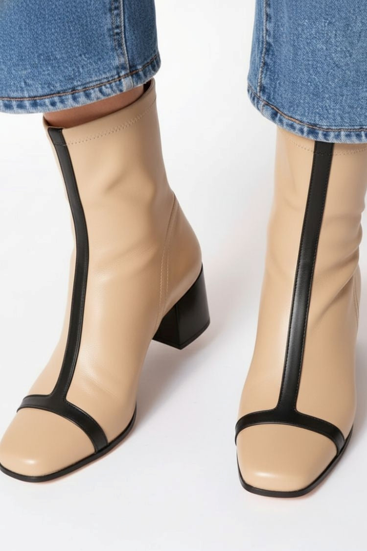Sandrine | Bottines Abricot Patchwork à Bout Carré et Talon Épais