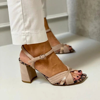 Talons larges peep toe patchwork à imprimé léopard Kaki