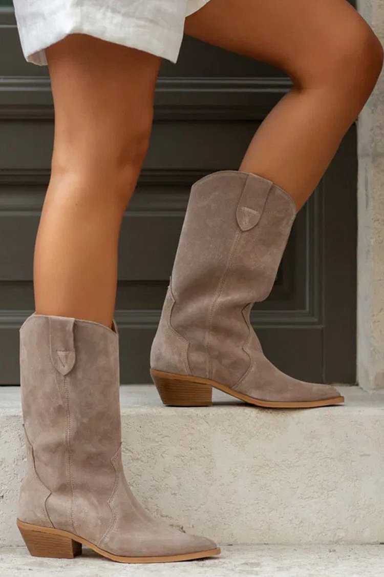 Estelle | Bottes Mi-Mollet Taupe Pointues en Patchwork