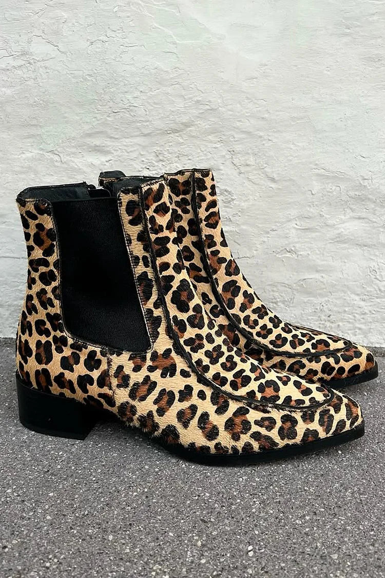Léa | Bottes Beiges Léopard Pointues à Talon Épais