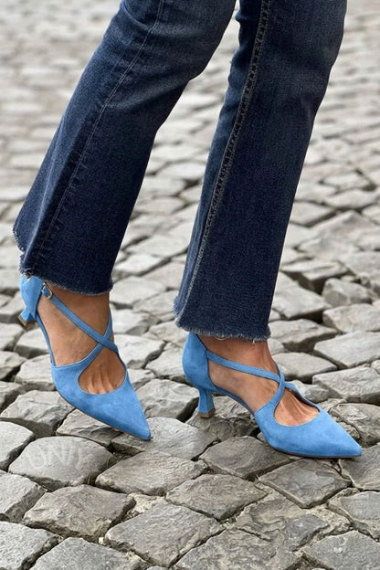 Talons bas pointus Kaki unis avec boucle et brides croisées
