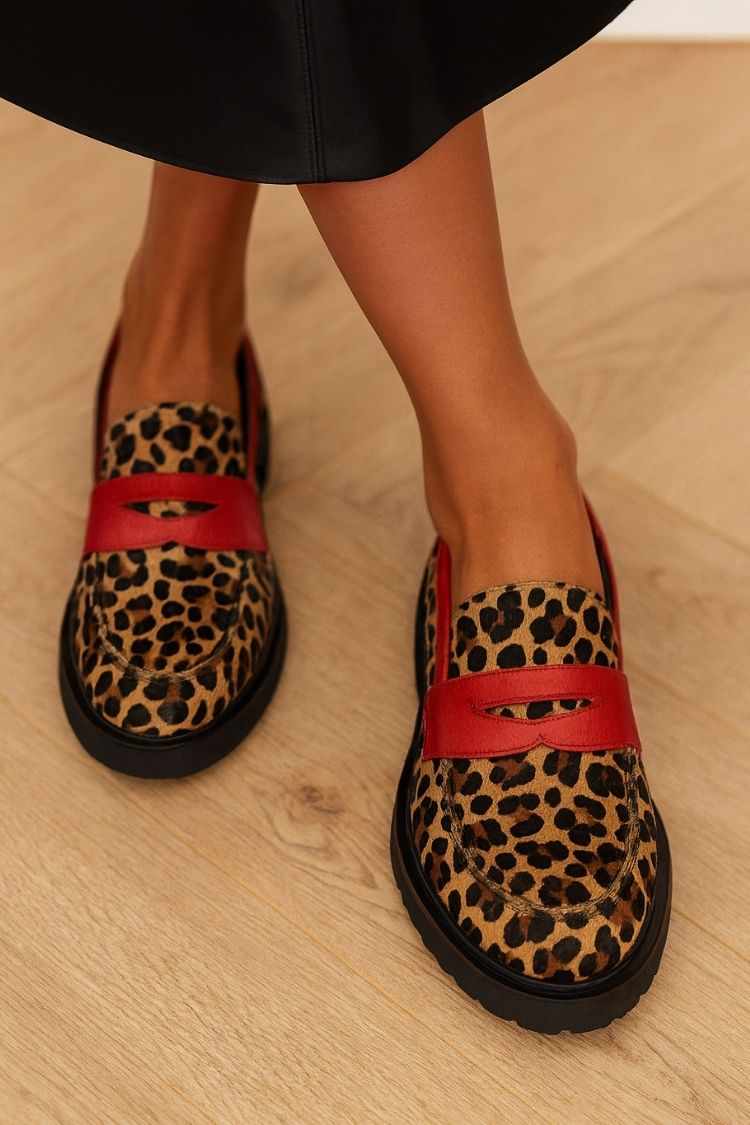 Mocassins chunky color block à imprimé léopard Rouge