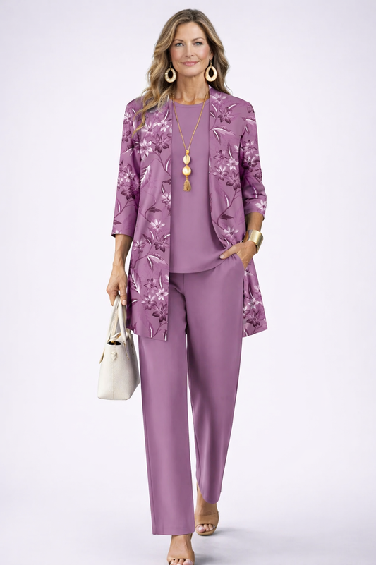 Céleste | Ensemble Trois Pièces Lilas à Gilet Imprimé Marbré