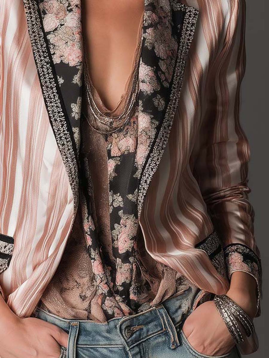 Athénaïs | Blazer Bohème Rayé Satiné à Doublure Fleurie