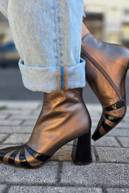 Séverine | Bottines Bronze Color Block à Talon Carré