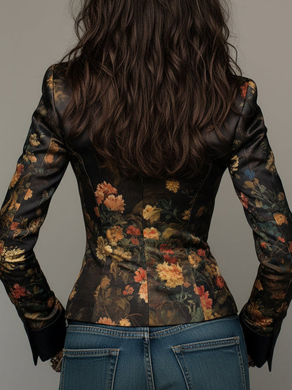 Aubane | Blazer Ajusté Satiné à Fleurs Façon Peinture