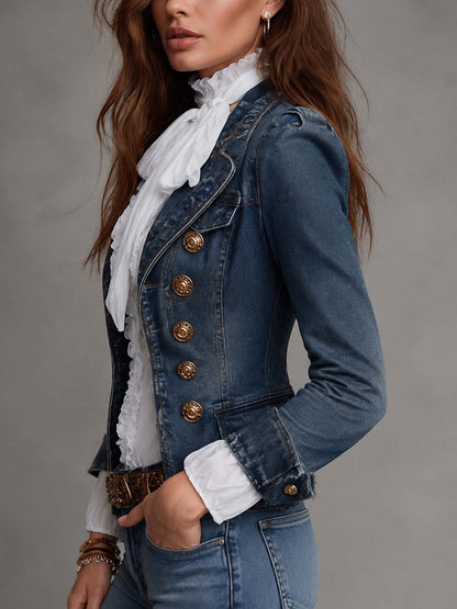 Mahaut | Blazer Court en Denim Croisé à Boutons Dorés