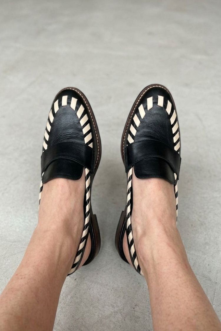 Amélie | Mocassins Slingback à Liseré Rayé Noir et Blanc