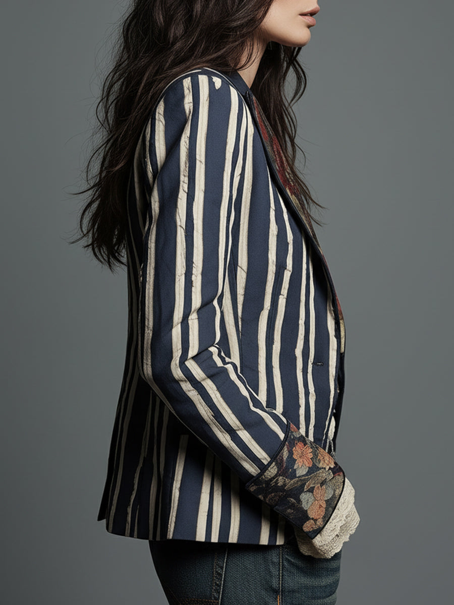 Oriane | Blazer Rayé Coton et Lin à Imprimé Fleuri