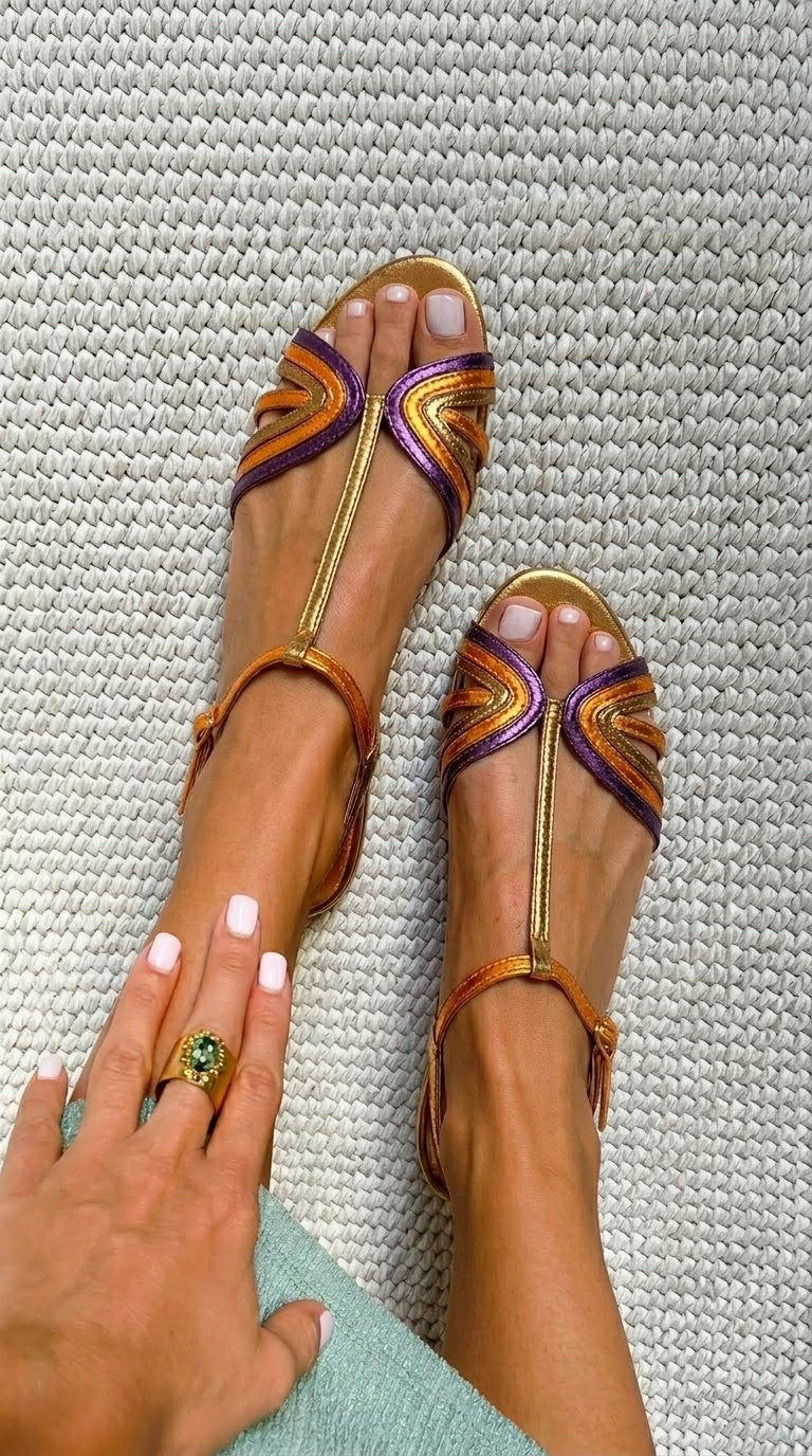 Sandales peep toe métallisées Violet et Or avec bride en T