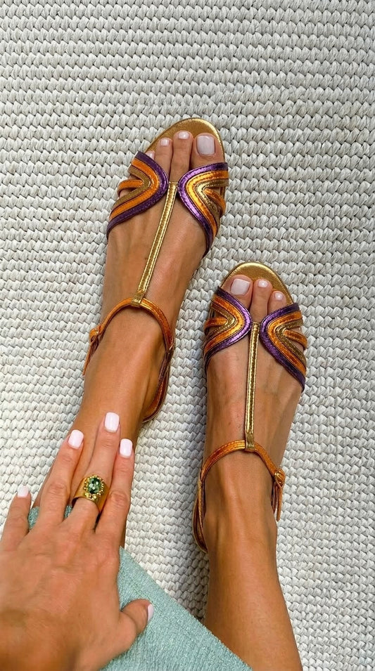 Sandales peep toe métallisées Violet et Or avec bride en T