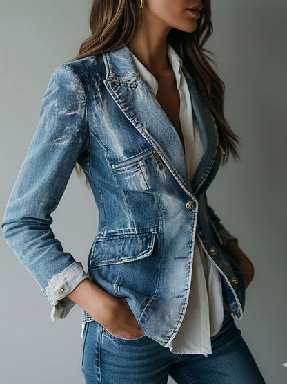 Apollonie | Blazer en Denim Délavé Coupe Tailleur
