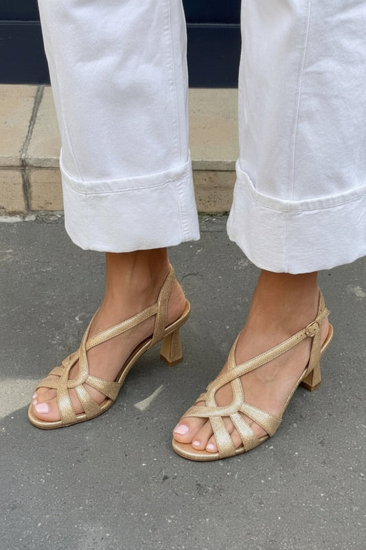 Sandales slingback Or Champagne à brides multiples et talon bloc mi-haut