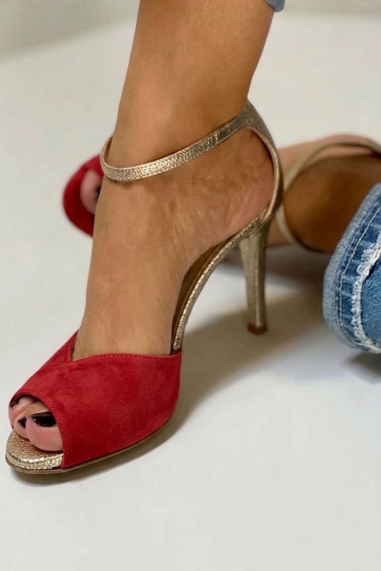 Talons aiguilles à bout ouvert pailletés avec bride cheville et boucle