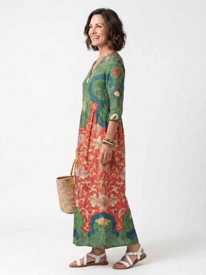 Fernanda | Robe Midi Imprimés Mixtes à Col en V