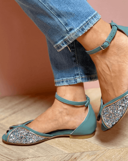 Sandales peep toe pailletées patchwork avec bride cheville et boucle