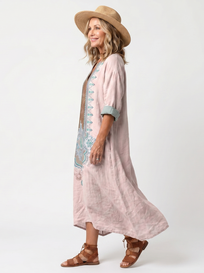 Gemma | Robe Midi Ample à Empiècements Brodés et Poches