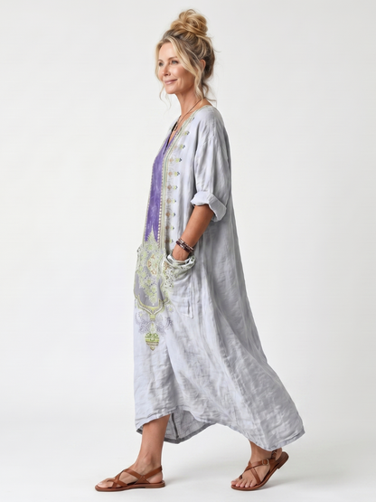 Erminia | Robe Midi Oversize Brodée à Empiècement Contrasté