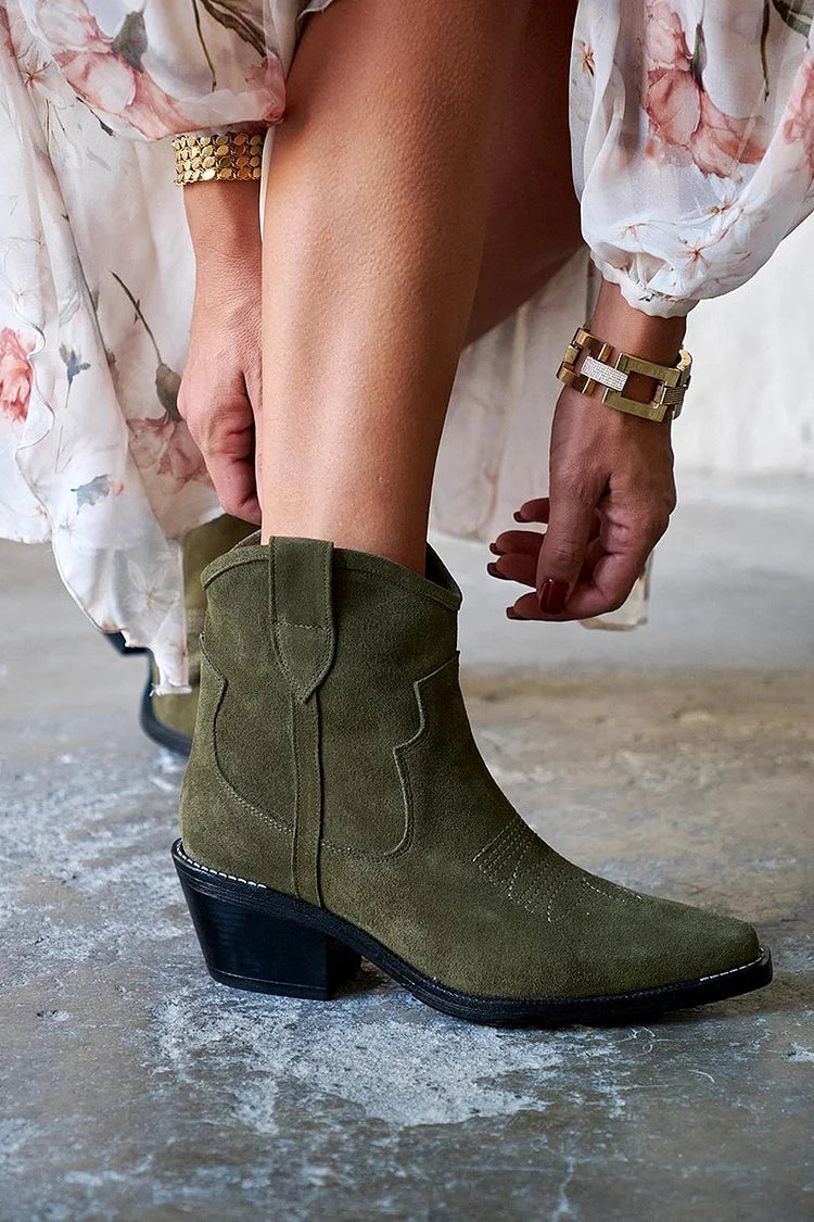 Hélène | Bottes Western Vertes Pointues à Surpiqûres
