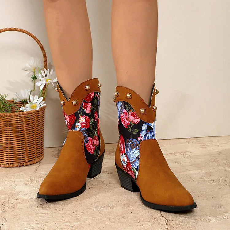 Hortense | Bottes Western Cloutées à Patchwork Fleuri